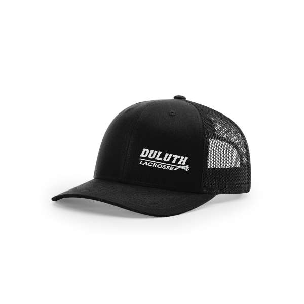 Wolfpack Girls H.S. Lacrosse - Richardson 112 Black trucker hat with embroidered Duluth Lacrosse on the left panel