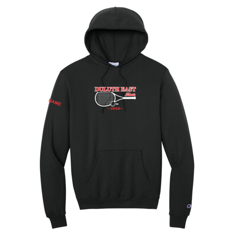 Duluth East Girls H.S. Tennis Champion sweatshirt with embroidered front logo and name on right arm