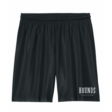 Duluth East Boys Soccer - Youth Sport-Tek® PosiCharge® Mesh 5” Short YST5100 with one color white Hounds Soccer on the left leg