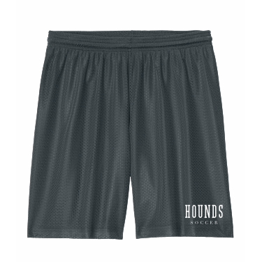 Duluth East Boys Soccer - Youth Sport-Tek® PosiCharge® Mesh 5” Short YST5100 with one color white Hounds Soccer on the left leg