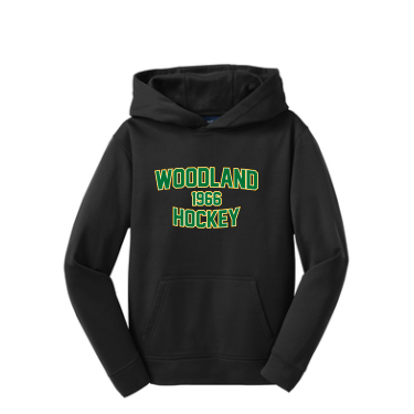 Woodland Hockey - Youth Sport-Tek YST244 Sport-Wick® Performance Fleece Hooded Pullover with full color Woodland Hockey 1966 logo on the front and whale tail on back left shoulder